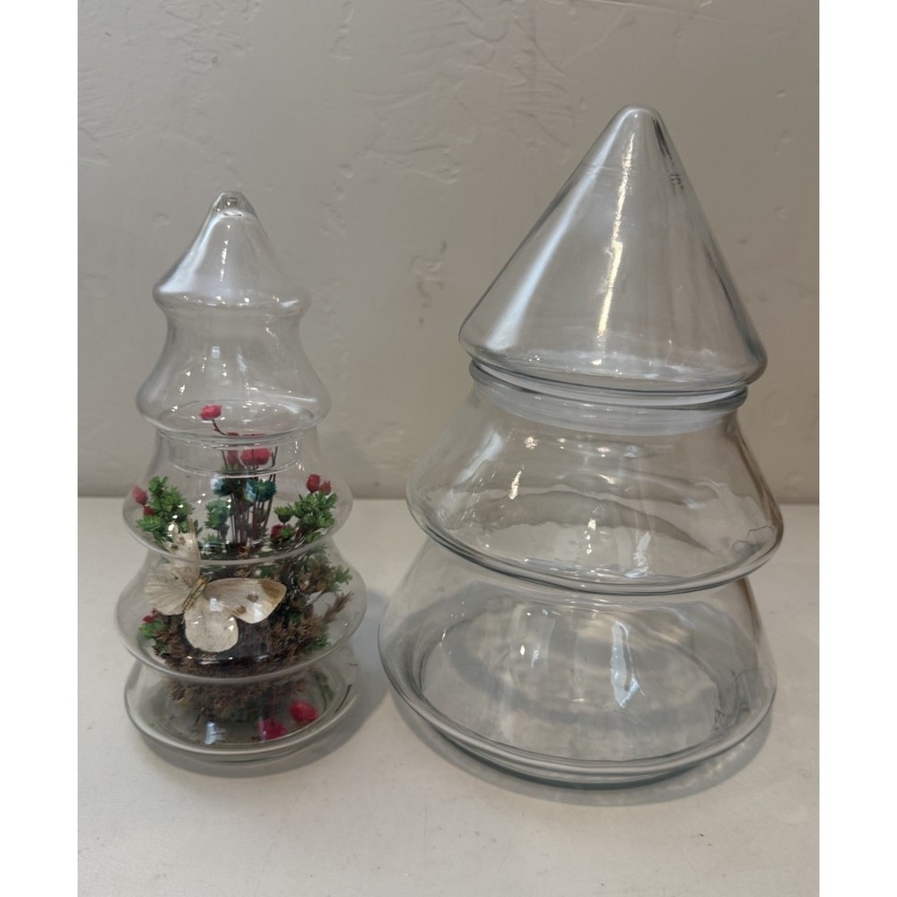 Vintage Lot 2 Anchor Hocking Clear Christmas Trees Shaped Candy Lidded Jar Decor